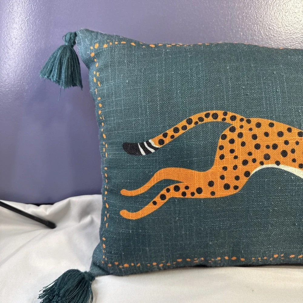 Green Teal Embroidered Leaping Cheetah Luxury Decorative Toss Pillow Tassels
